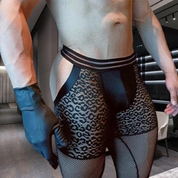 Men's Sheer Leopard Print Open Butt Boxer With Bulge Pouch - Picture 7 of 8